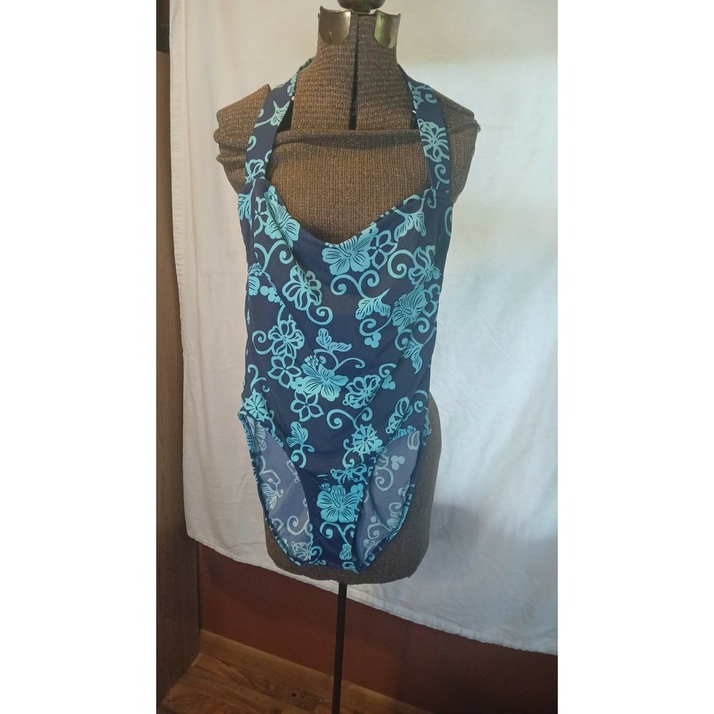 Jantzen Womens One Piece Swimsuit Size 14 Navy Aqua Floral Halter Cowl Neck